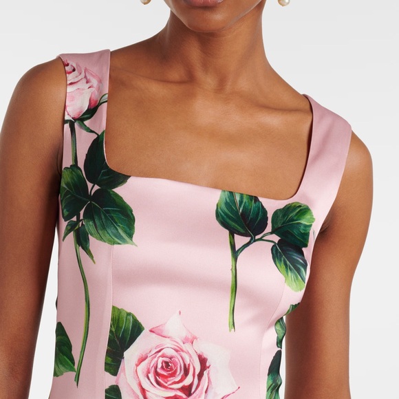 Dolce&Gabbana Rose Floral Satin Cocktail Midi Dress - Picture 4 of 5